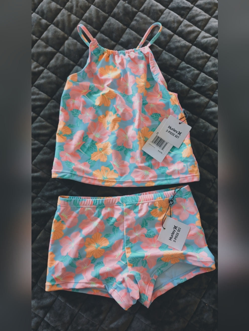 Hurley Floral Tankini Two-Piece in Mint, Peach & Pink